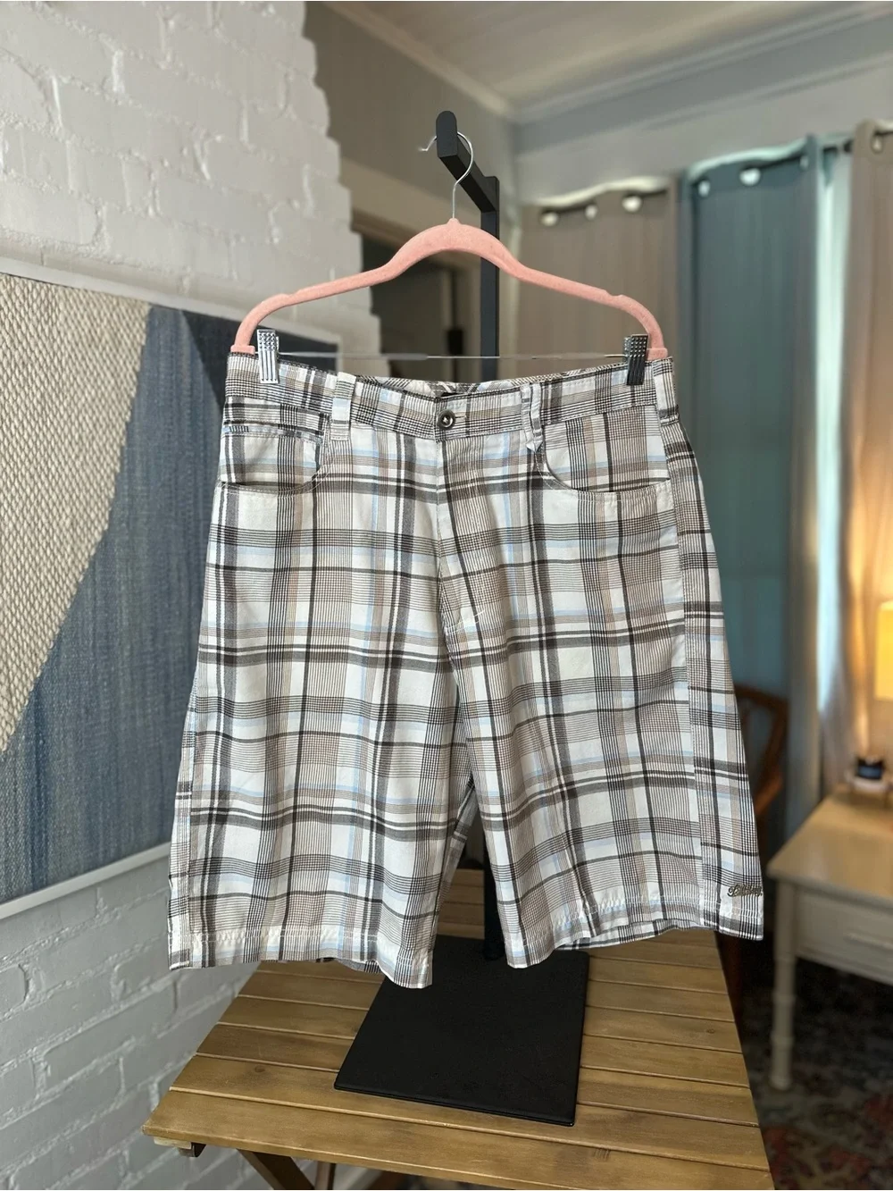 Billabong Tan Brown and Blue Plaid Shorts
